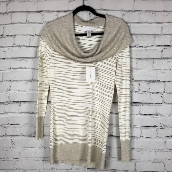 Cache Sweaters - NWT CACHE’ women cream gold metallic cowl neck long sleeve sweater Size medium